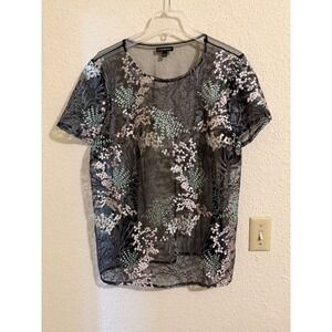 Lane Bryant Womens Black Floral‎ Embroidered Mesh Sheer Top Plus Size 14/16